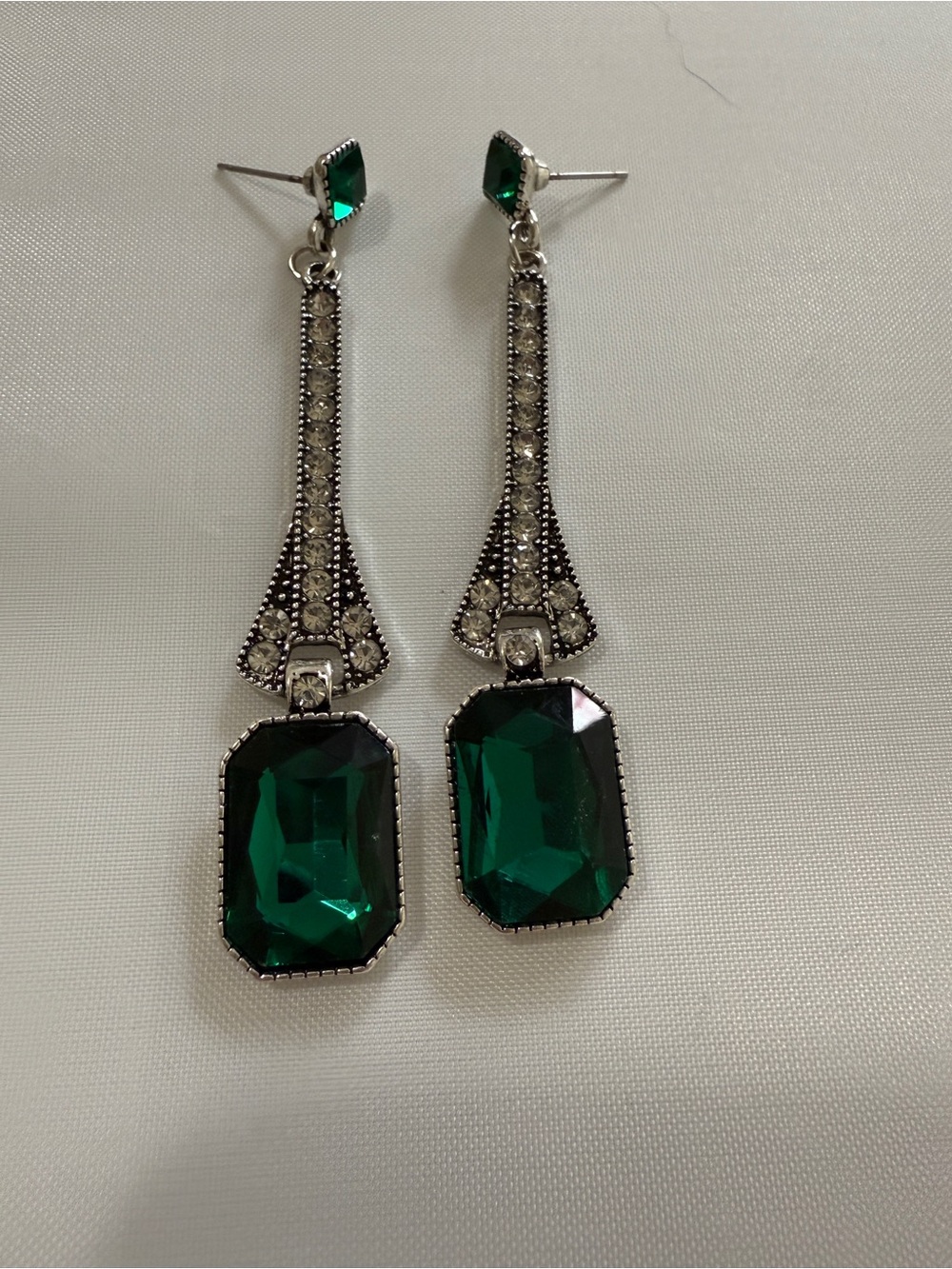 Art Deco Great Gatsby Style Emerald Green Geometric Gem and Silver Earrings